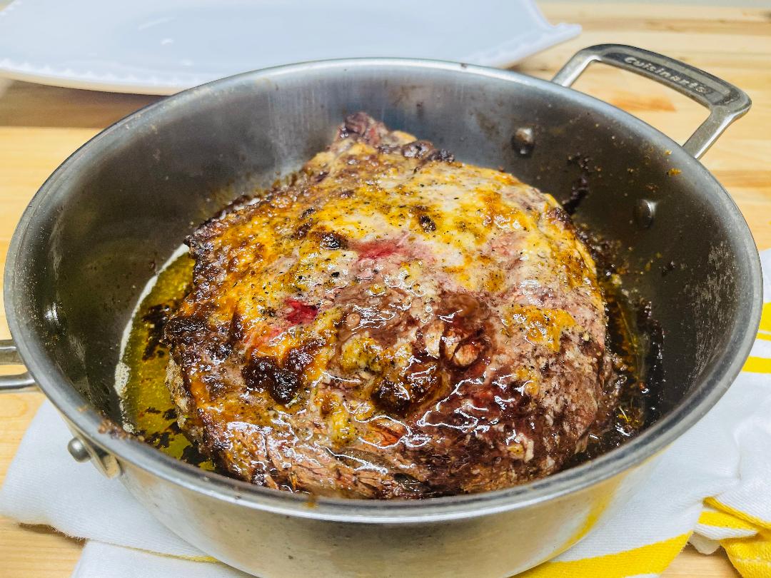 Prime Rib for Two - Perfectly Cooked in 50 Minutes 3 sliced prime rib for two served with au jus