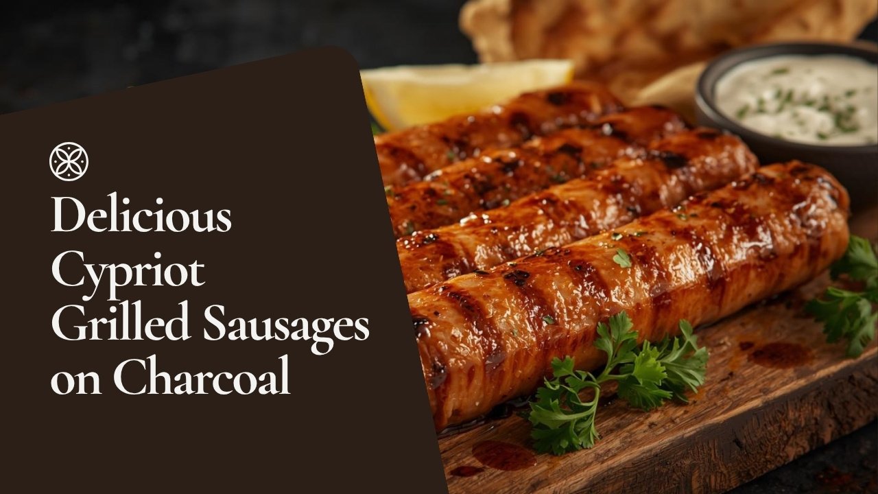 Sheftalies – authentic Cypriot grilled sausage wrapped in caul fat served with pita and lemon