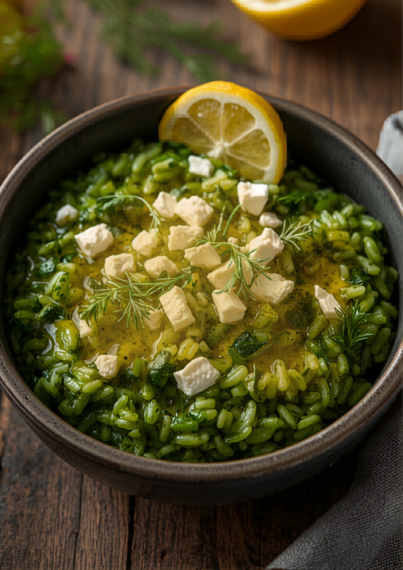 Classic Greek spanakorizo — spinach rice with feta, olive oil, and lemon