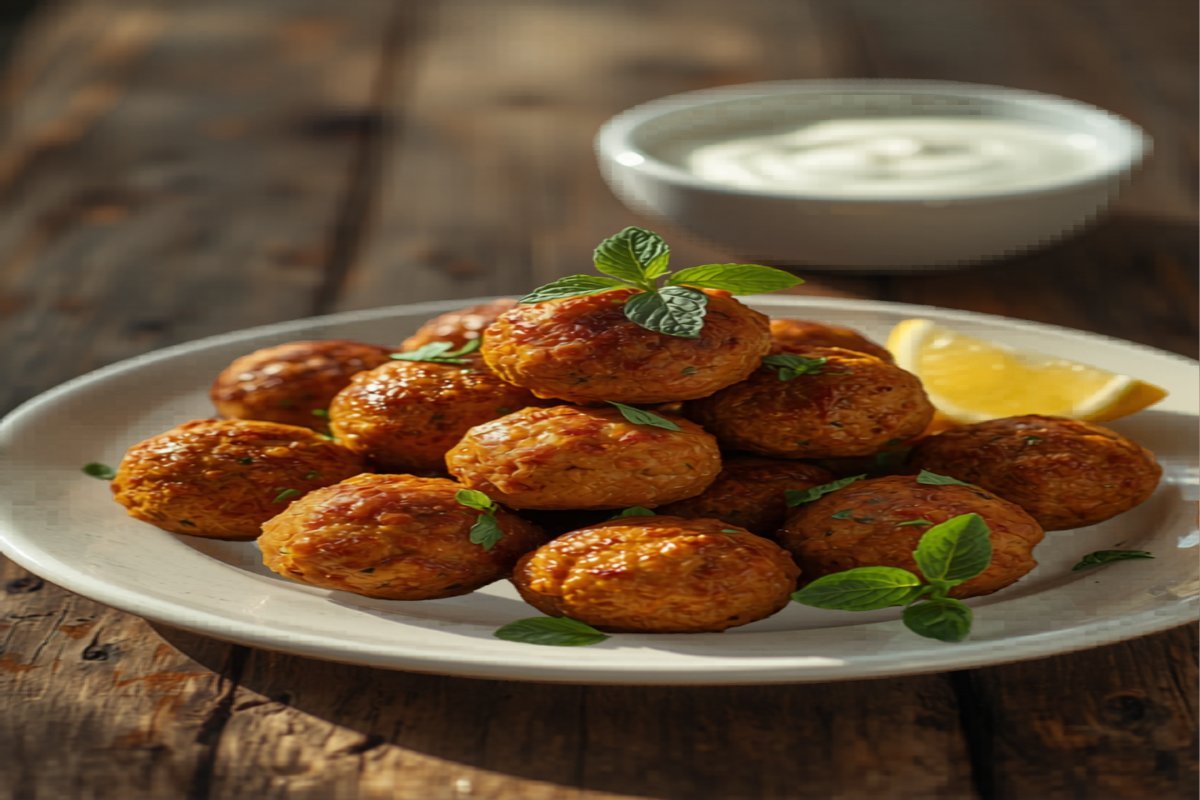 Ingredients for keftedes Greek meatballs laid out on marble: pork, beef, stale bread, fresh mint, grated onion, ouzo, egg, and herbs.