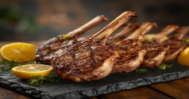 Greek grilled lamb chops (paidakia) on a platter with lemon and herbs