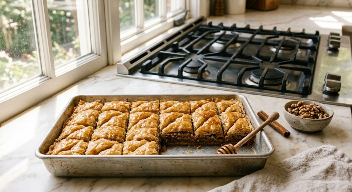 Classic Greek baklava recipe - golden diamond-cut phyllo pastry with walnut filling and honey syrup