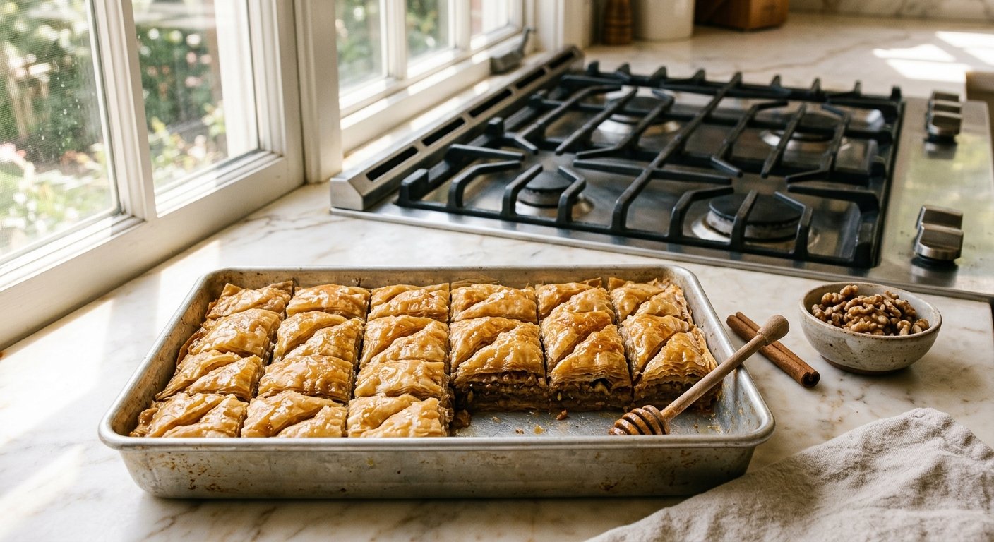 Classic Greek baklava recipe - golden diamond-cut phyllo pastry with walnut filling and honey syrup