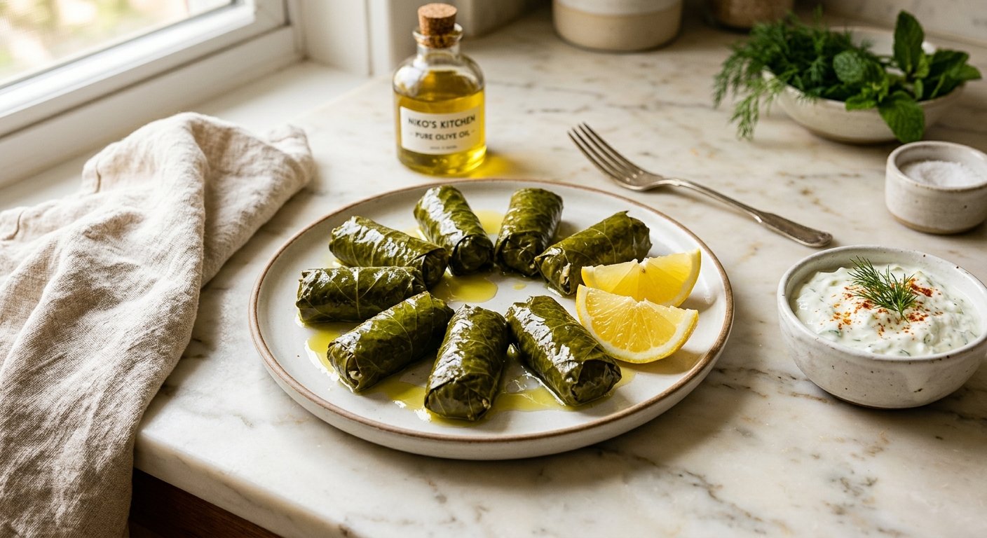 Dolmadakia Yalantzi: 1 Classic Greek Stuffed Grape Leaves Recipe with Rice and Dill 3 dolmadakia yalantzi hero