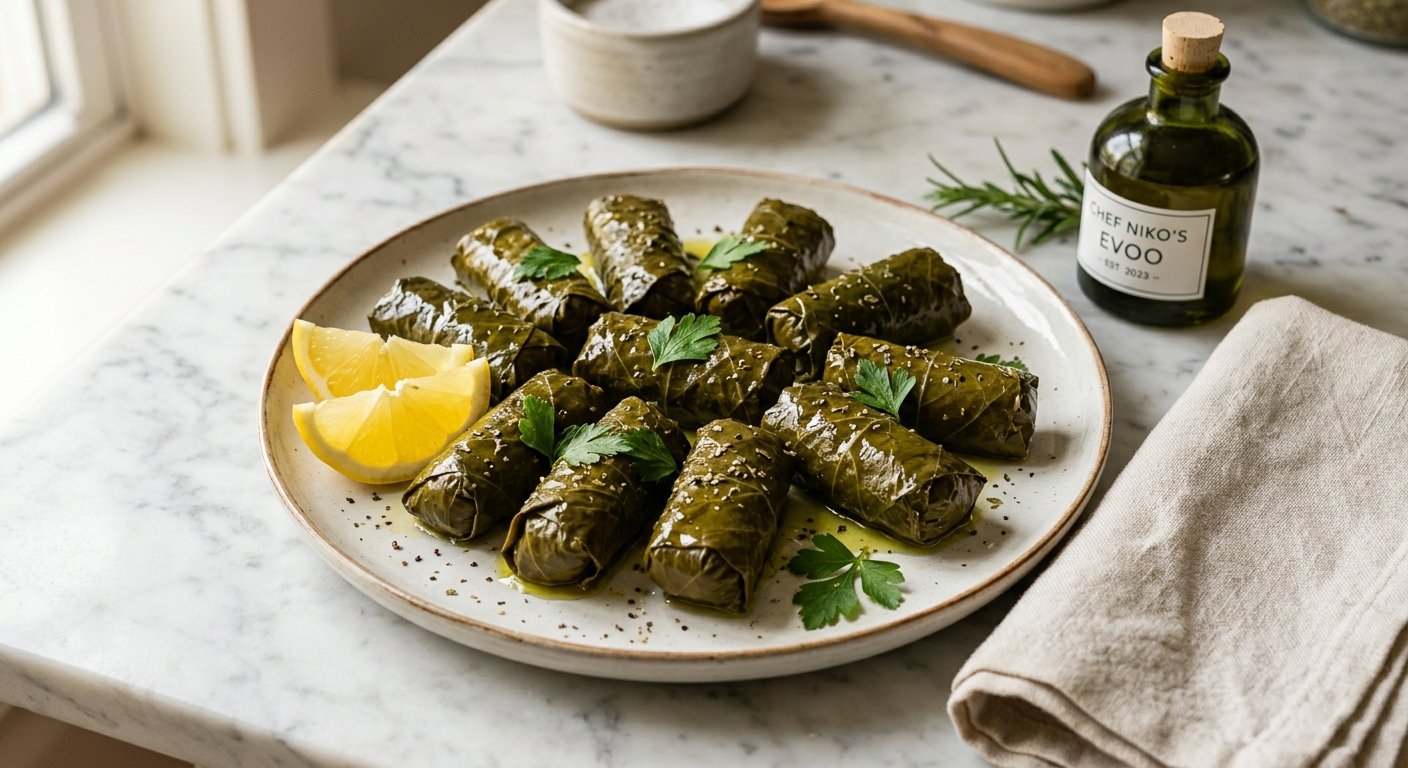 Dolmades Recipe: Tender Greek Stuffed Grape Leaves with Herbed Rice and Lemon 3 Authentic Greek dolmades recipe — tender stuffed grape leaves with rice and herbs, drizzled with olive oil and lemon on a white plate