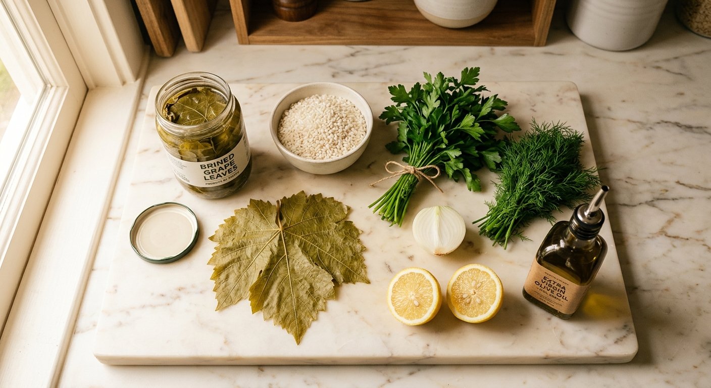 Dolmades Recipe: Tender Greek Stuffed Grape Leaves with Herbed Rice and Lemon 4 Dolmades recipe ingredients – grape leaves, short-grain rice, fresh dill, parsley, lemon, and olive oil on a marble counter