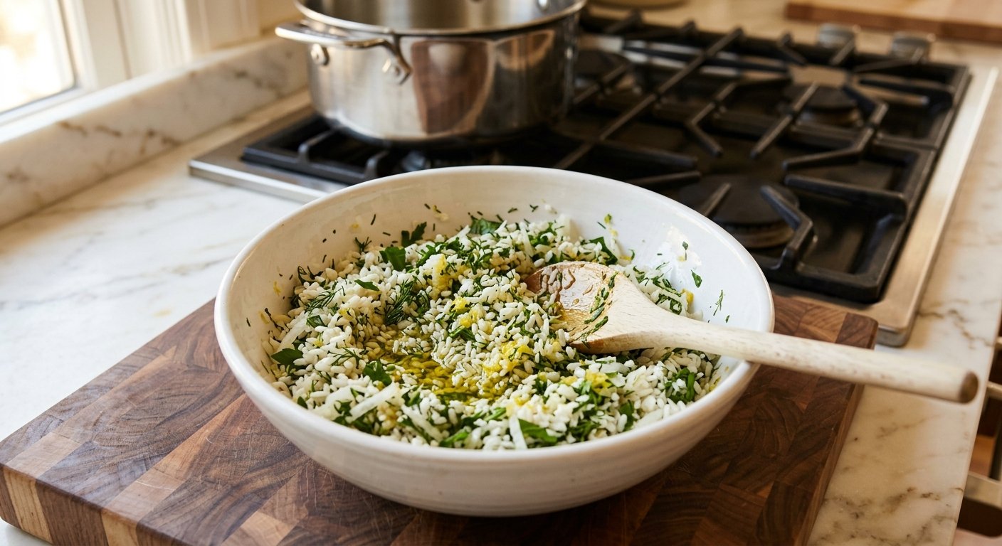 Dolmades Recipe: Tender Greek Stuffed Grape Leaves with Herbed Rice and Lemon 6 Making the rice and herb filling for Greek dolmades – rice with dill, parsley, onion, and lemon zest in a white bowl