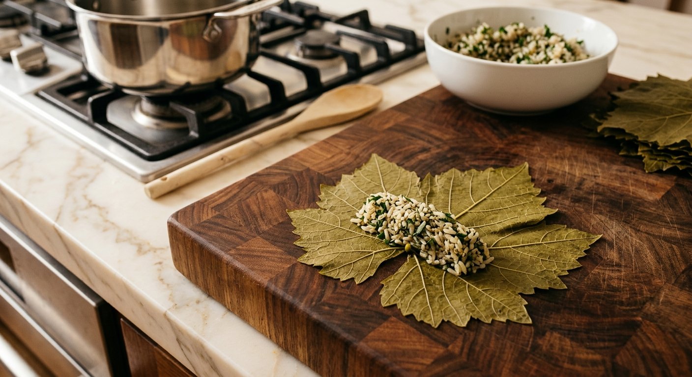 Dolmades Recipe: Tender Greek Stuffed Grape Leaves with Herbed Rice and Lemon 8 Placing herb rice filling on a grape leaf ready to roll for Greek dolmades – step 3