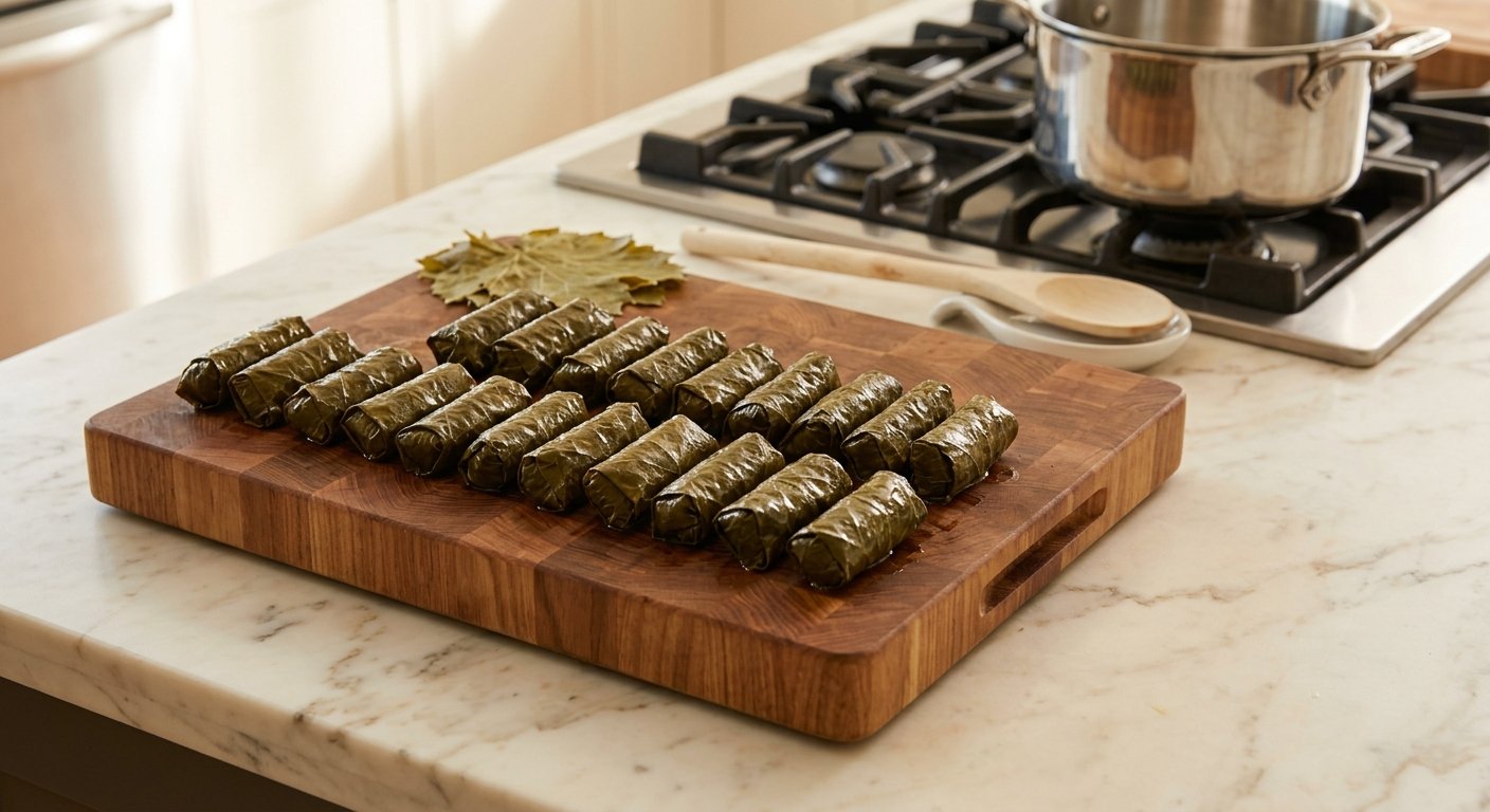 Dolmades Recipe: Tender Greek Stuffed Grape Leaves with Herbed Rice and Lemon 10 Neatly rolled dolmades lined up on a butcher block before cooking – step 4
