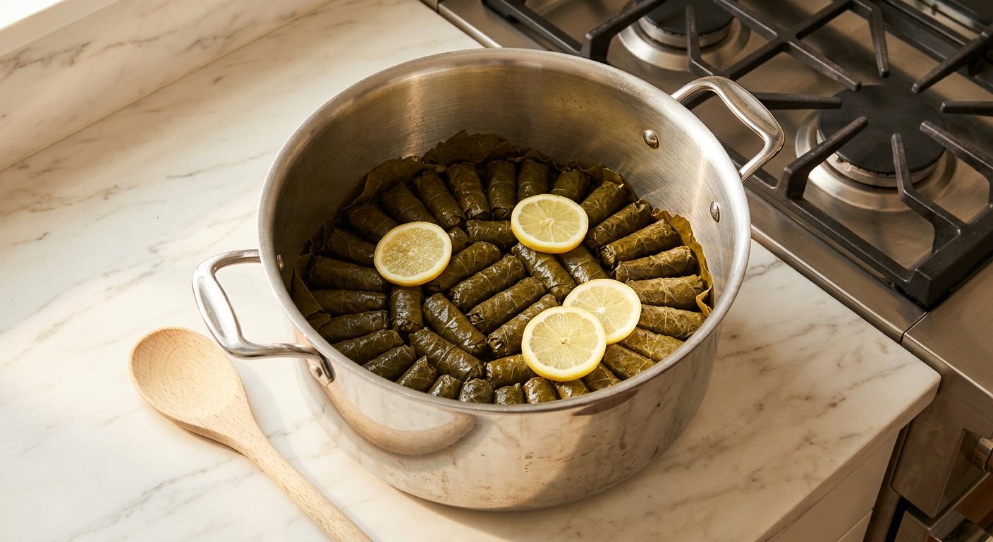 Dolmades Recipe: Tender Greek Stuffed Grape Leaves with Herbed Rice and Lemon 12 Layering rolled dolmades tightly in a stainless steel pot with lemon slices – step 5