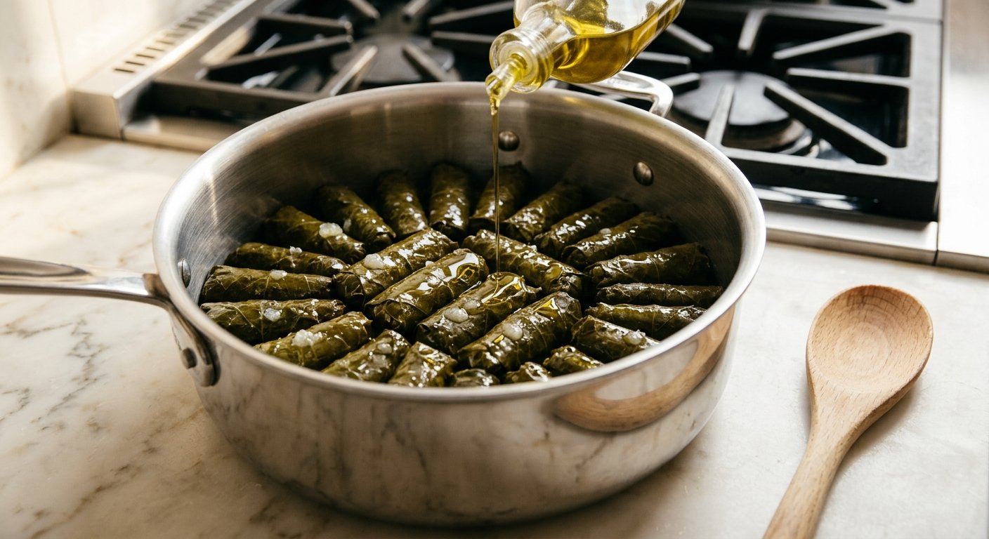 Dolmades Recipe: Tender Greek Stuffed Grape Leaves with Herbed Rice and Lemon 14 Drizzling olive oil over the dolmades in the pot before braising – step 6