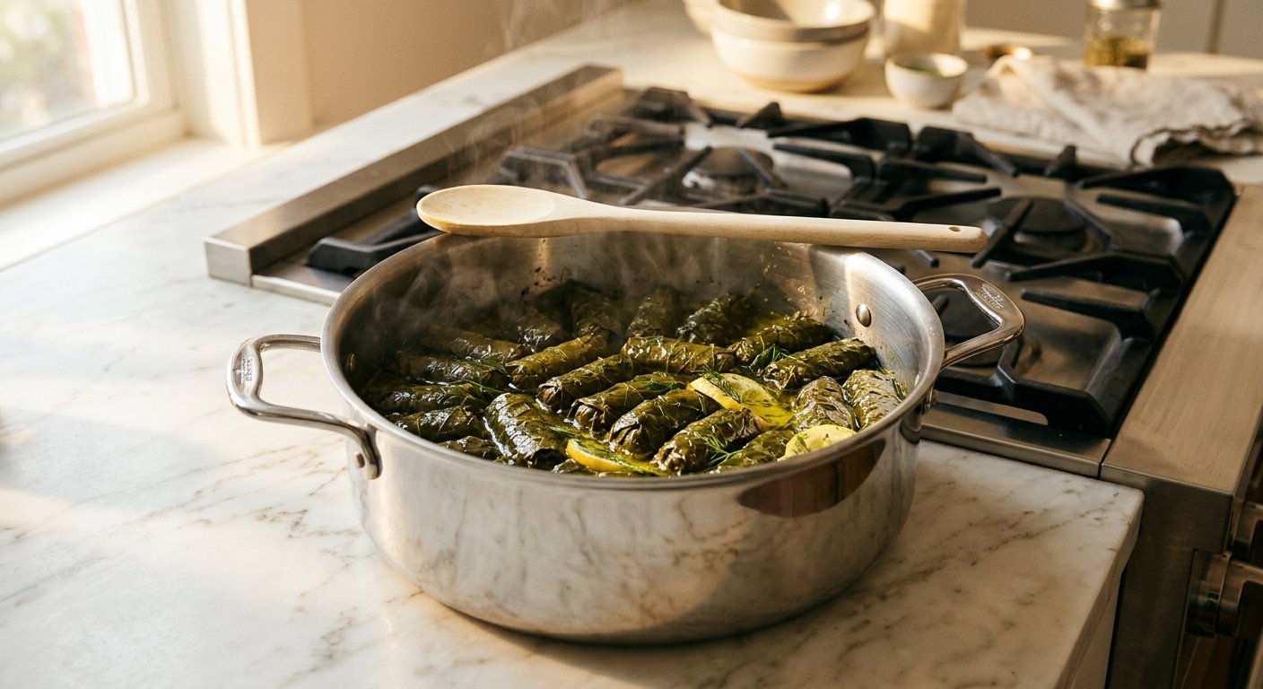 Dolmades Recipe: Tender Greek Stuffed Grape Leaves with Herbed Rice and Lemon 18 Finished cooked Greek dolmades revealed in the pot, glistening and tender – step 8