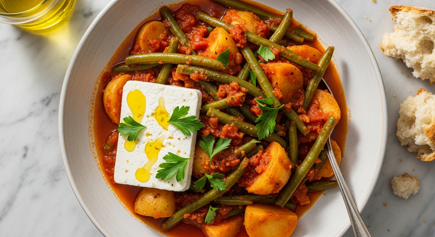 Fasolakia Recipe: Greek Green Beans Braised in Tomato Sauce and Olive Oil 3 Fasolakia recipe – Greek green beans braised in tomato sauce and olive oil in a shallow bowl with feta