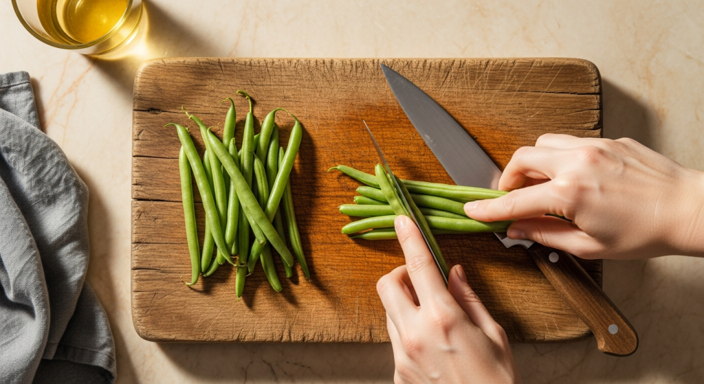 Fasolakia Recipe: Greek Green Beans Braised in Tomato Sauce and Olive Oil 4 Fasolakia recipe preparation – fresh green beans being trimmed on a wooden cutting board