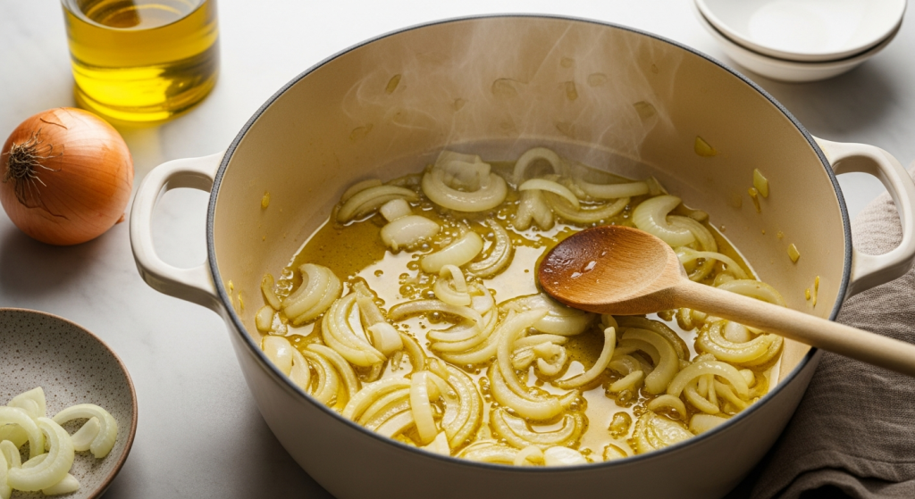 Fasolakia Recipe: Greek Green Beans Braised in Tomato Sauce and Olive Oil 5 Fasolakia recipe – onions softening in olive oil in a wide Dutch oven