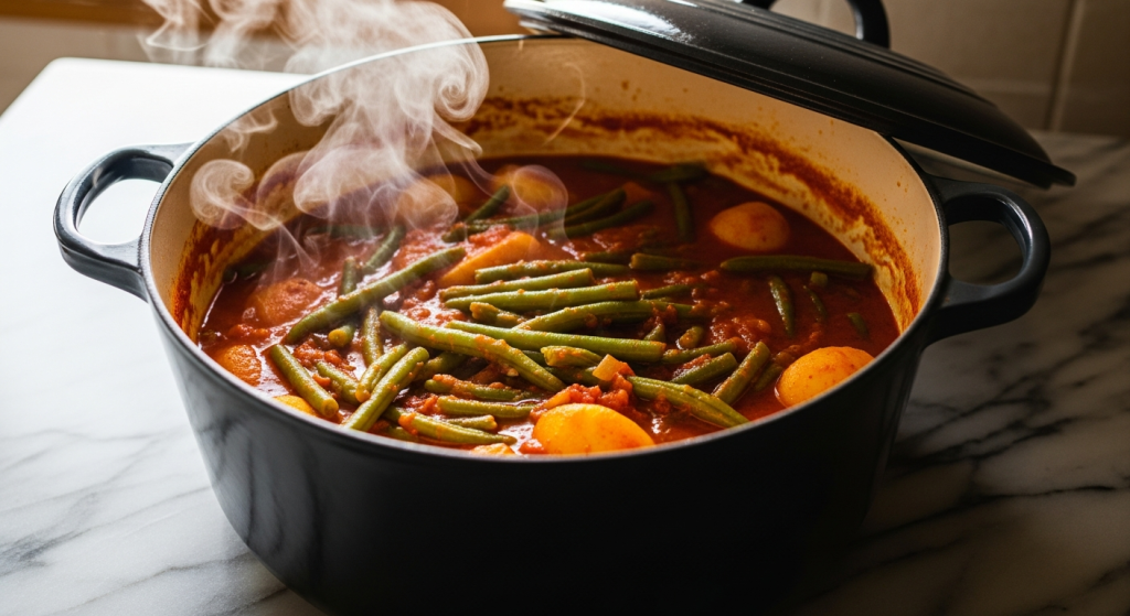 Fasolakia Recipe: Greek Green Beans Braised in Tomato Sauce and Olive Oil 6 Fasolakia recipe – pot of green beans and potatoes simmering in tomato sauce with lid slightly ajar
