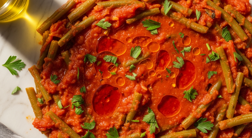 Fasolakia Recipe: Greek Green Beans Braised in Tomato Sauce and Olive Oil 7 Fasolakia recipe – close-up of orange-red tomato sauce surface with olive oil pools and green beans