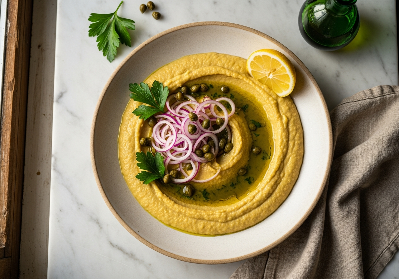 Authentic Greek fava recipe — silky Santorini yellow split pea dip topped with capers, red onion, and olive oil