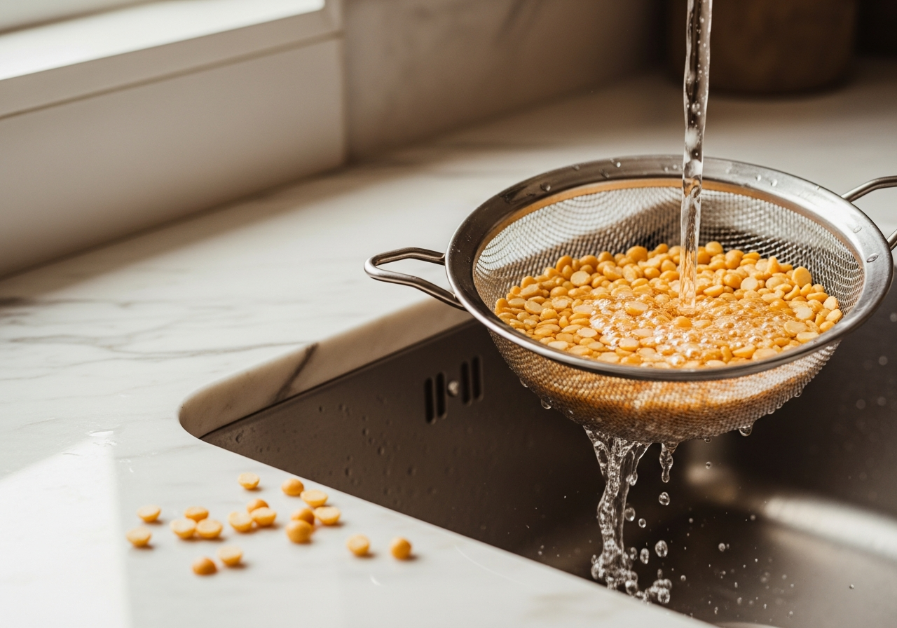 Rinsing yellow split peas for Greek fava recipe — step 1
