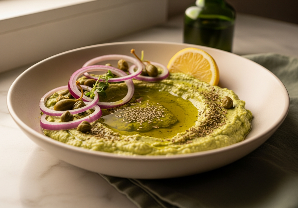 Greek fava recipe — finished Santorini split pea dip with olive oil and capers