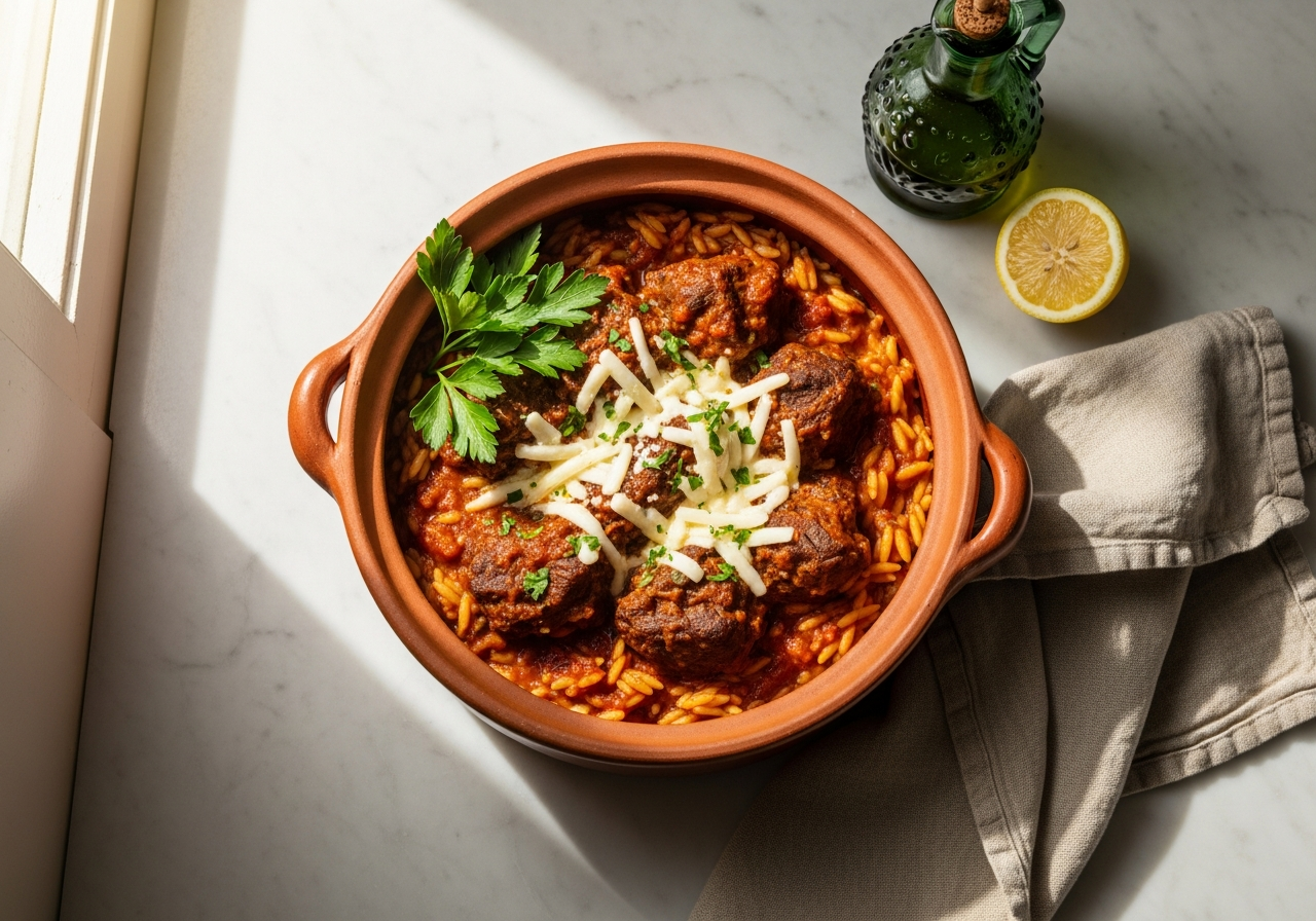 Giouvetsi Recipe: Classic Greek Baked Lamb with Orzo in 1 Clay Pot 3 Authentic giouvetsi recipe served in a traditional Greek clay pot with lamb, orzo, and grated kefalotyri cheese