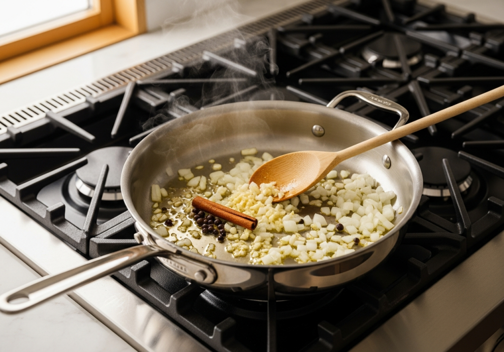 Giouvetsi Recipe: Classic Greek Baked Lamb with Orzo in 1 Clay Pot 19 diced onion garlic and whole spices blooming in olive oil in a stainless pan for giouvetsi