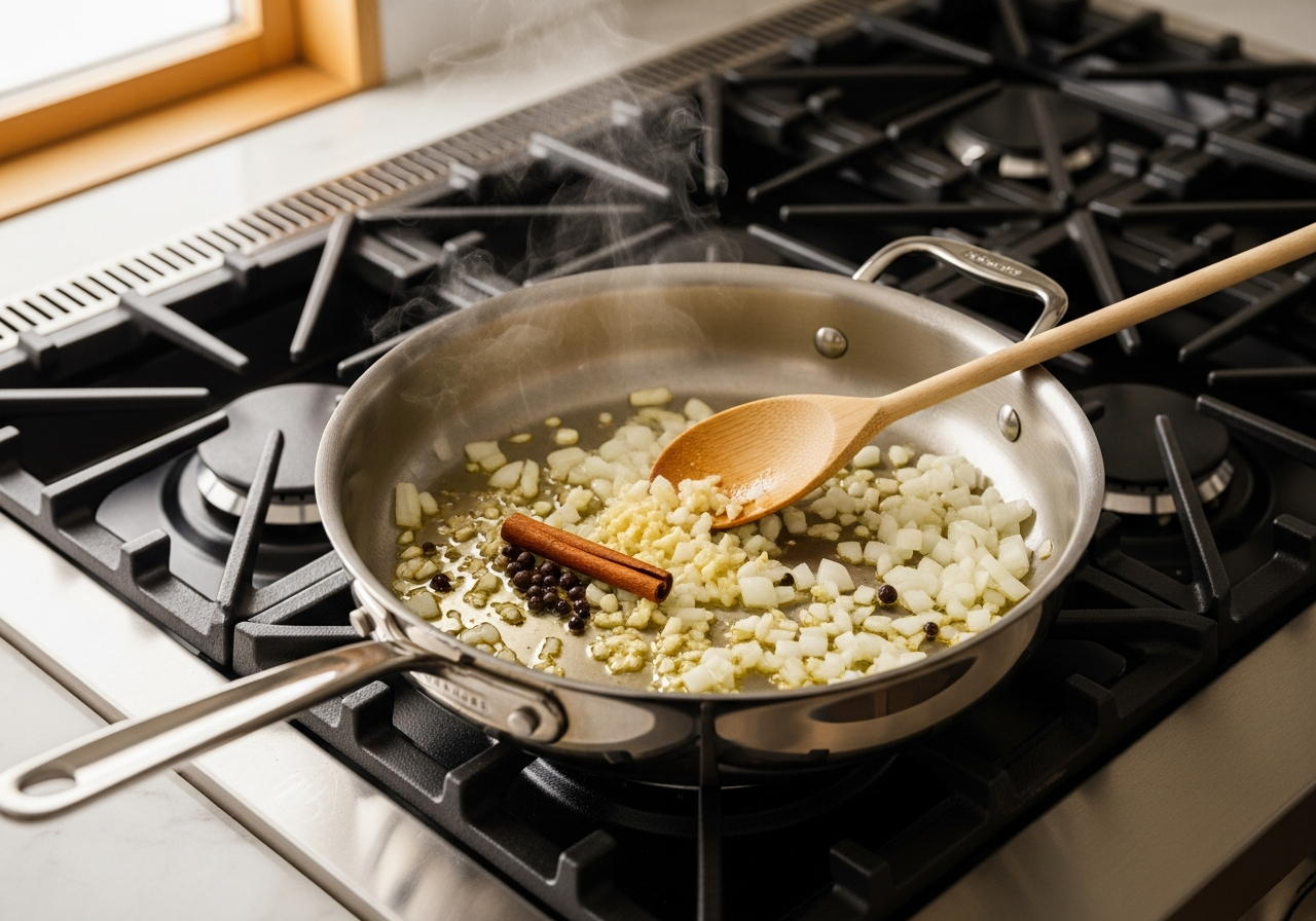 Giouvetsi Recipe: Classic Greek Baked Lamb with Orzo in 1 Clay Pot 7 diced onion garlic and whole spices blooming in olive oil in a stainless pan for giouvetsi