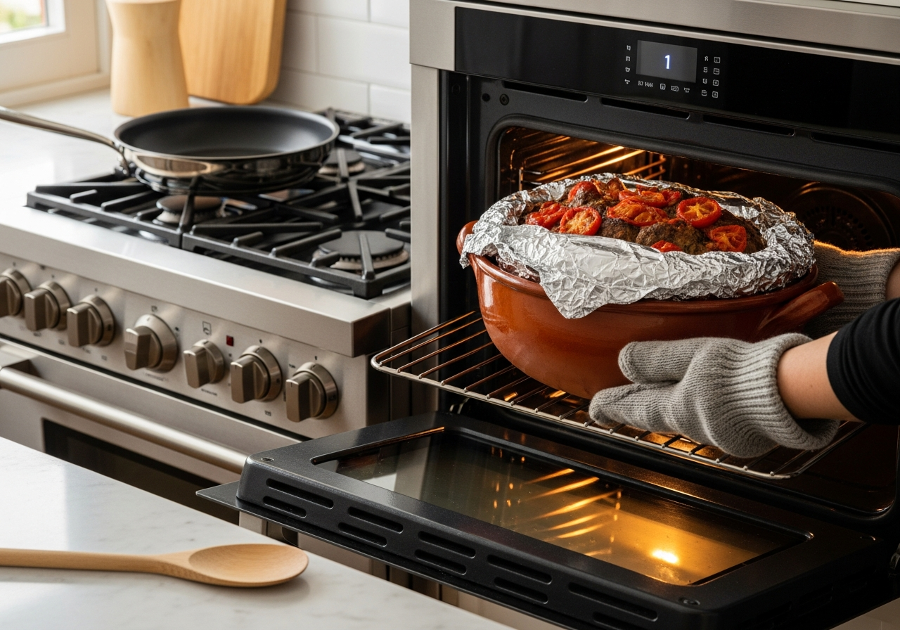 Giouvetsi Recipe: Classic Greek Baked Lamb with Orzo in 1 Clay Pot 9 Lamb braising in spiced tomato sauce for giouvetsi recipe, covered pot in the oven