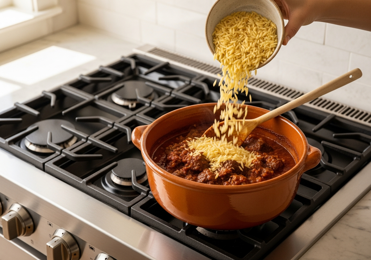 Giouvetsi Recipe: Classic Greek Baked Lamb with Orzo in 1 Clay Pot 11 stirring dry orzo into the braised lamb and tomato sauce in the clay pot for giouvetsi