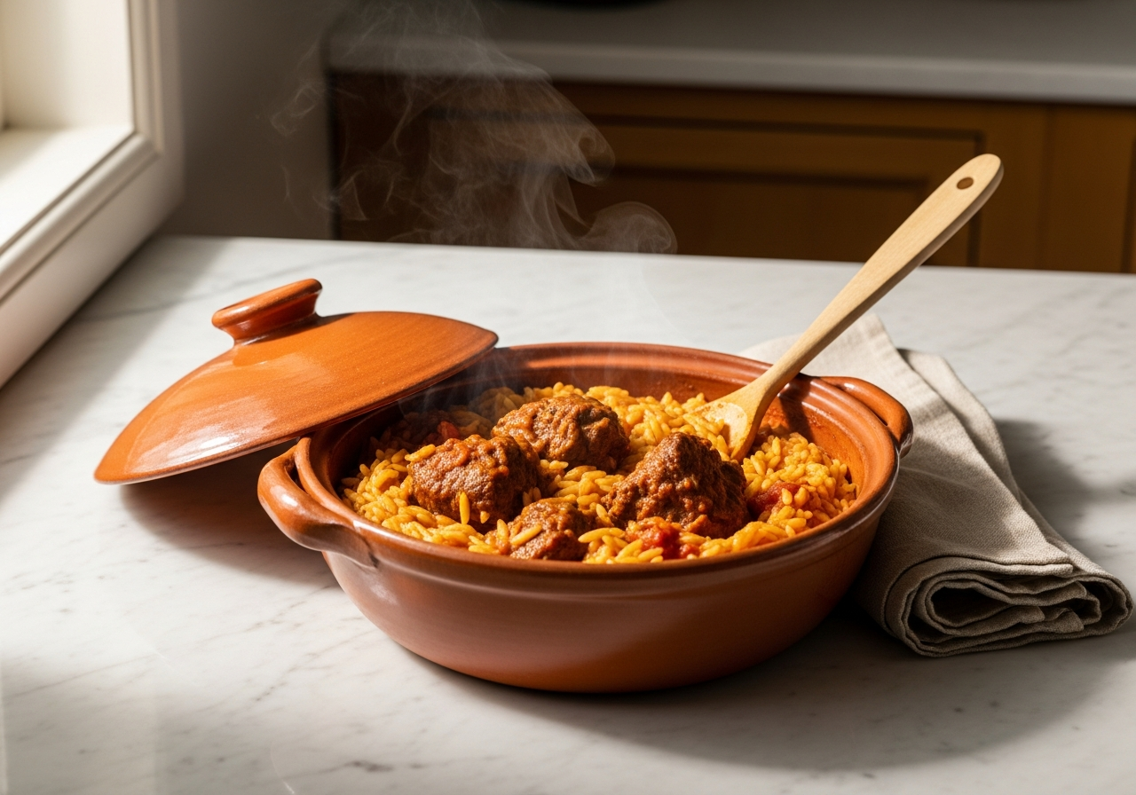 Giouvetsi Recipe: Classic Greek Baked Lamb with Orzo in 1 Clay Pot 13 finished giouvetsi Greek lamb orzo casserole resting in the terracotta clay pot