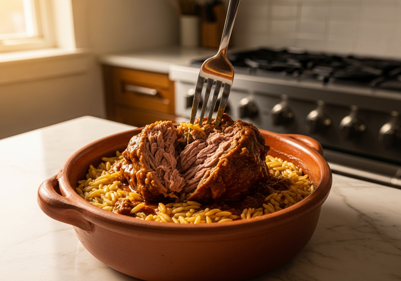 Giouvetsi Recipe: Classic Greek Baked Lamb with Orzo in 1 Clay Pot 15 close-up of a fork pulling apart fall-apart braised lamb in the giouvetsi clay pot