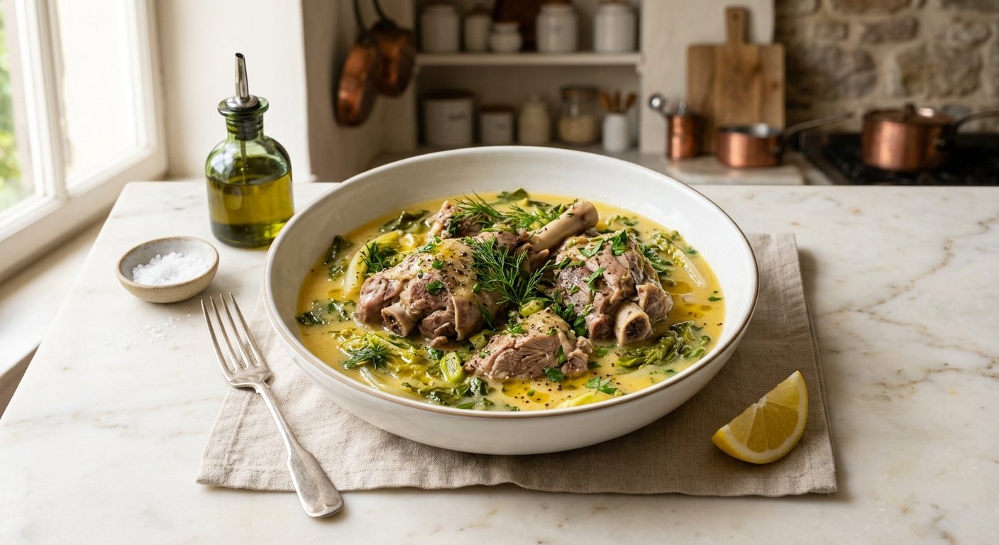 greek lamb fricassee frikasee recipe served in a white bowl with avgolemono broth and fresh dill