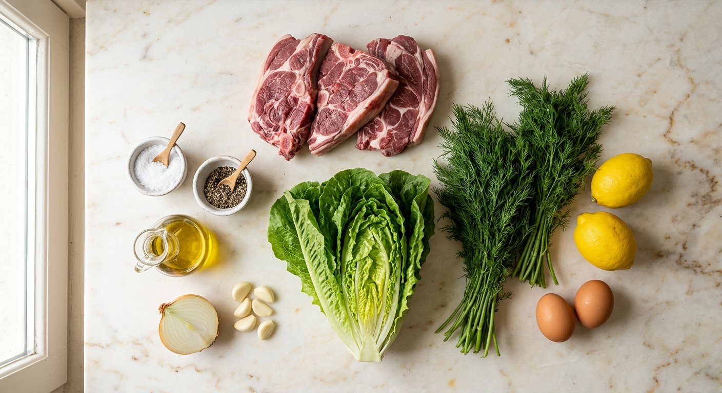 ingredients for greek lamb fricassee laid out on marble surface