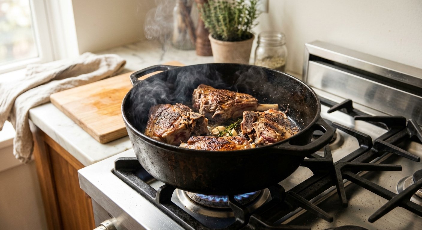 browning lamb shoulder for greek lamb fricassee in cast iron pot