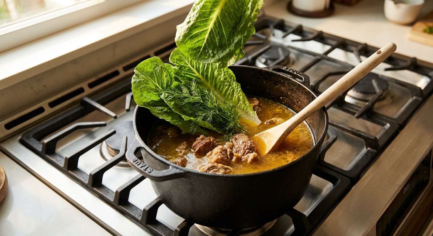 adding romaine and dill to greek lamb fricassee braise in pot