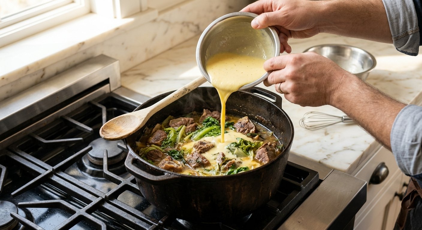 pouring avgolemono sauce into greek lamb fricassee pot tempering technique