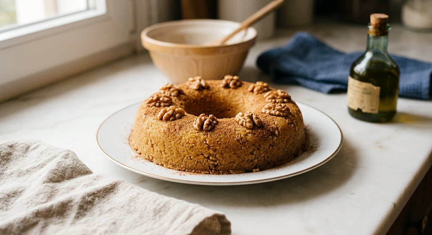Greek semolina halva ring on a white plate dusted with cinnamon and topped with walnuts