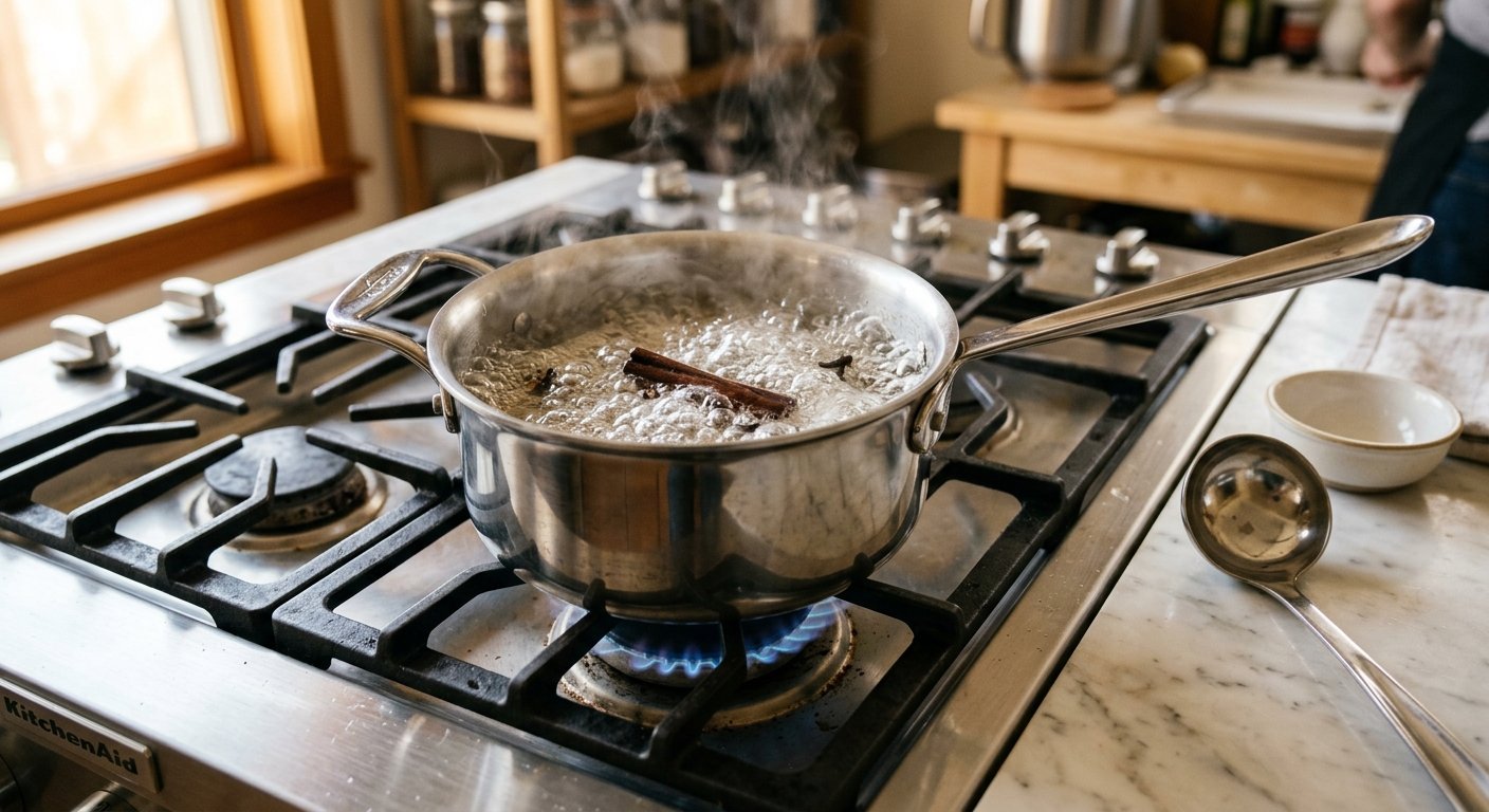 Sugar syrup at a rolling boil with cinnamon stick and cloves for Greek semolina halva