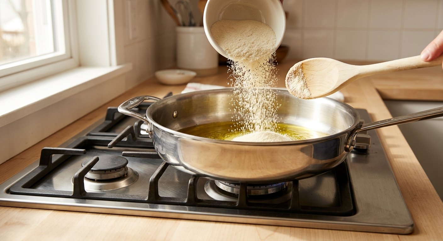 Pouring coarse semolina into hot olive oil in a wide stainless steel pot