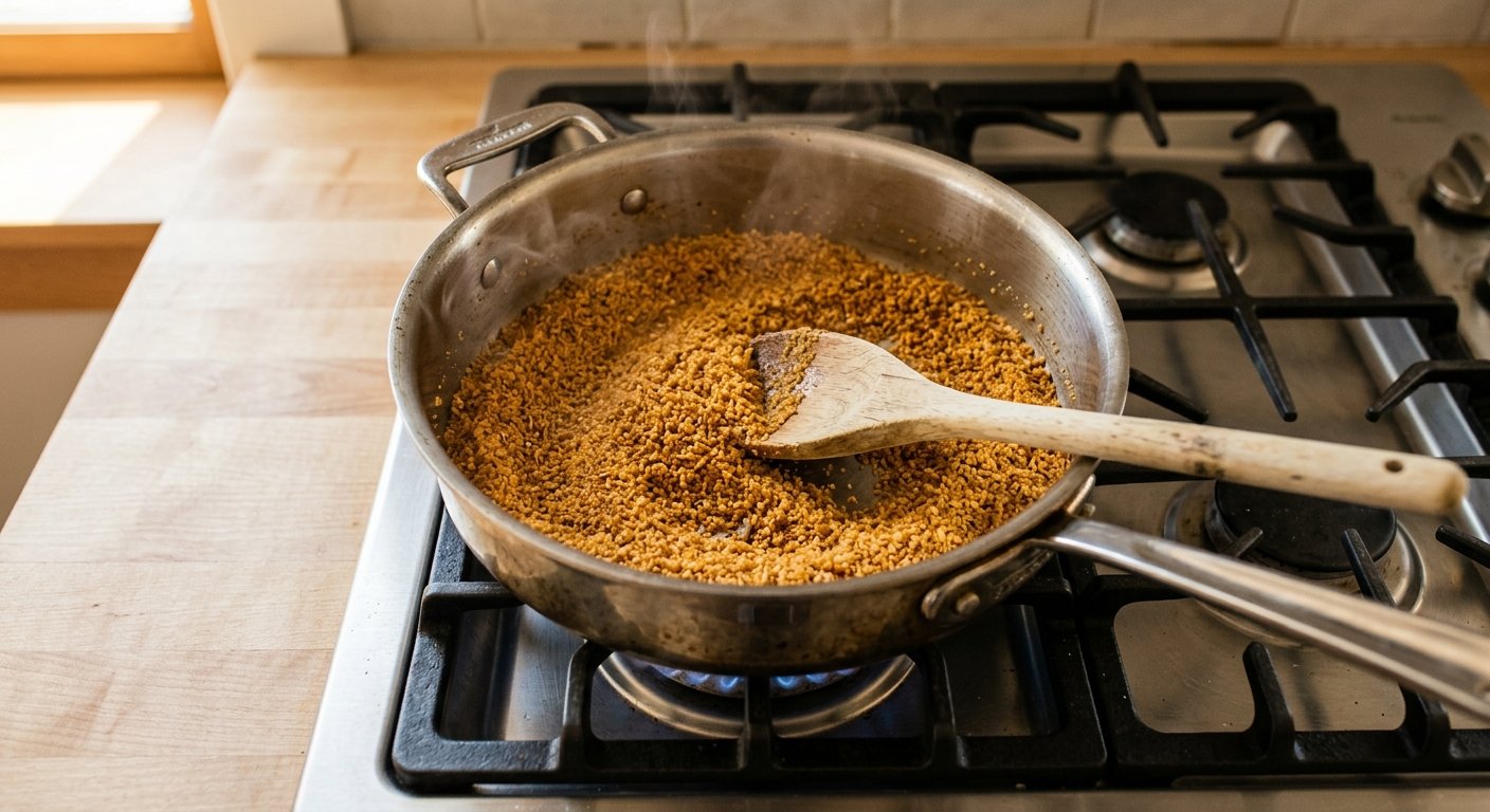 Golden-amber toasted semolina being stirred in a wide stainless pot