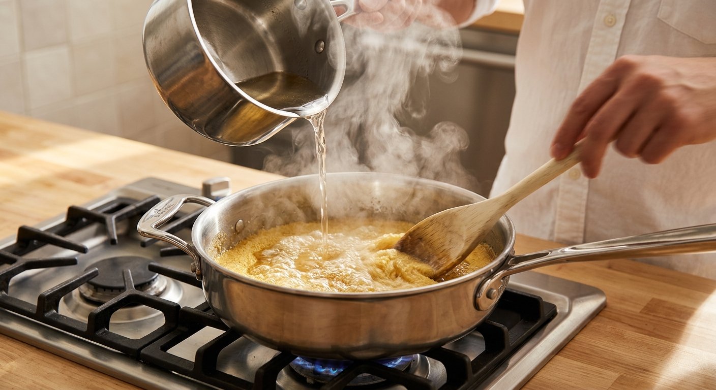 Hot syrup being poured into golden toasted semolina with steam rising dramatically