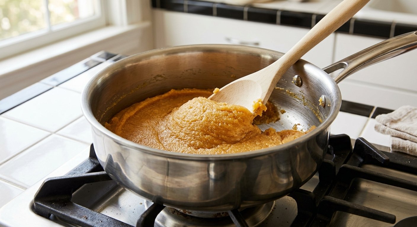 Thickened halva mixture pulling away from the sides of the pot, ready to mold