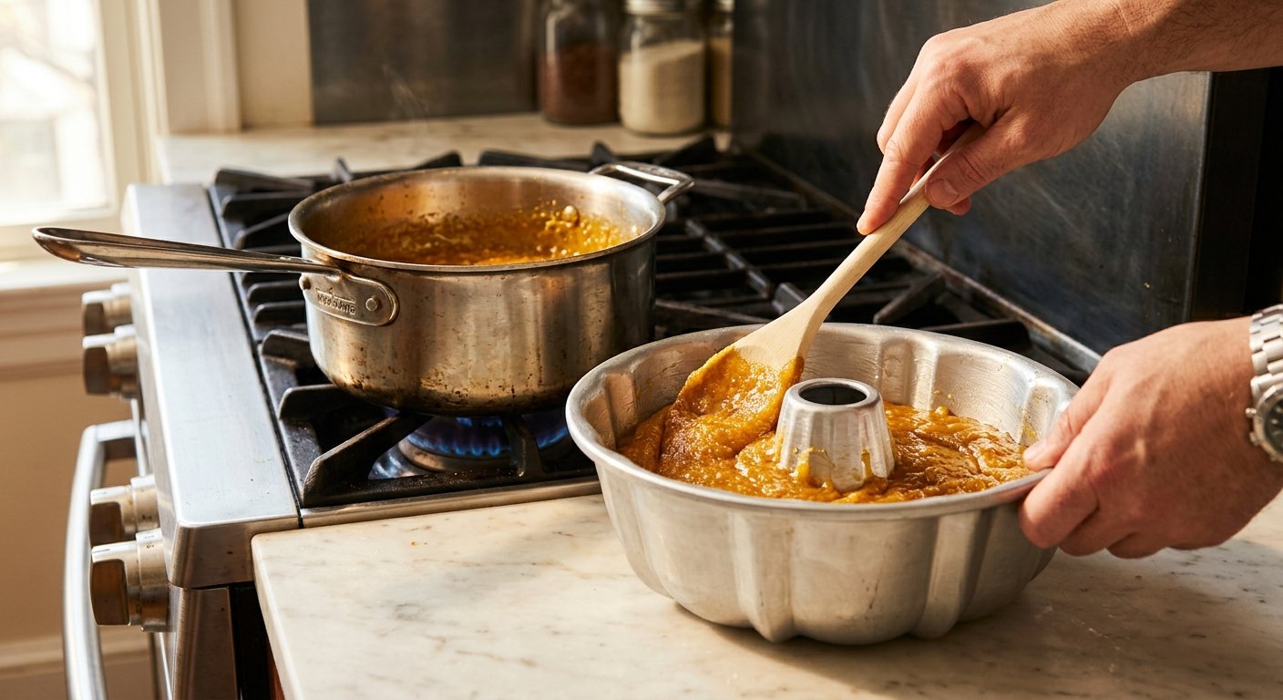 Spooning hot Greek semolina halva into a Bundt pan to mold it
