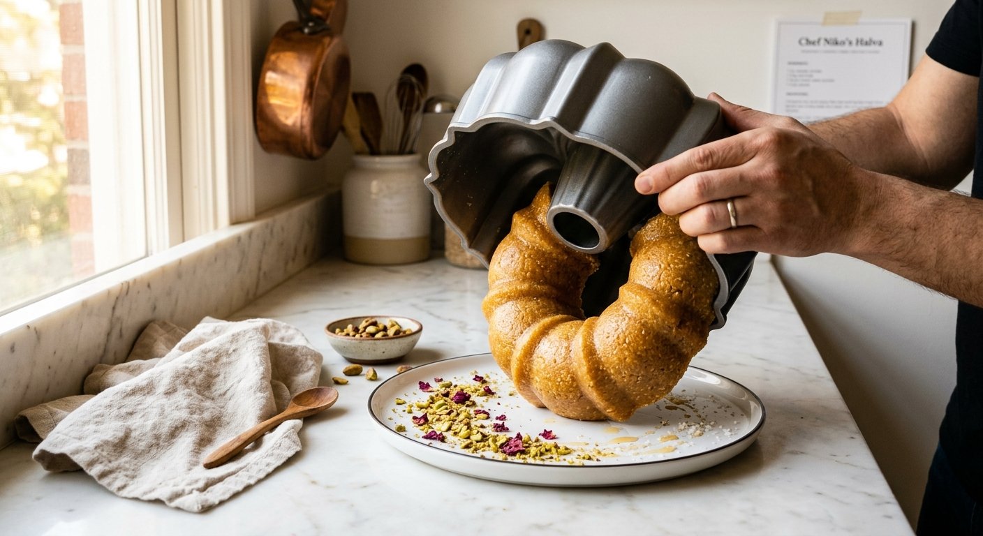 Unmolding Greek semolina halva ring from the Bundt pan onto a white serving plate