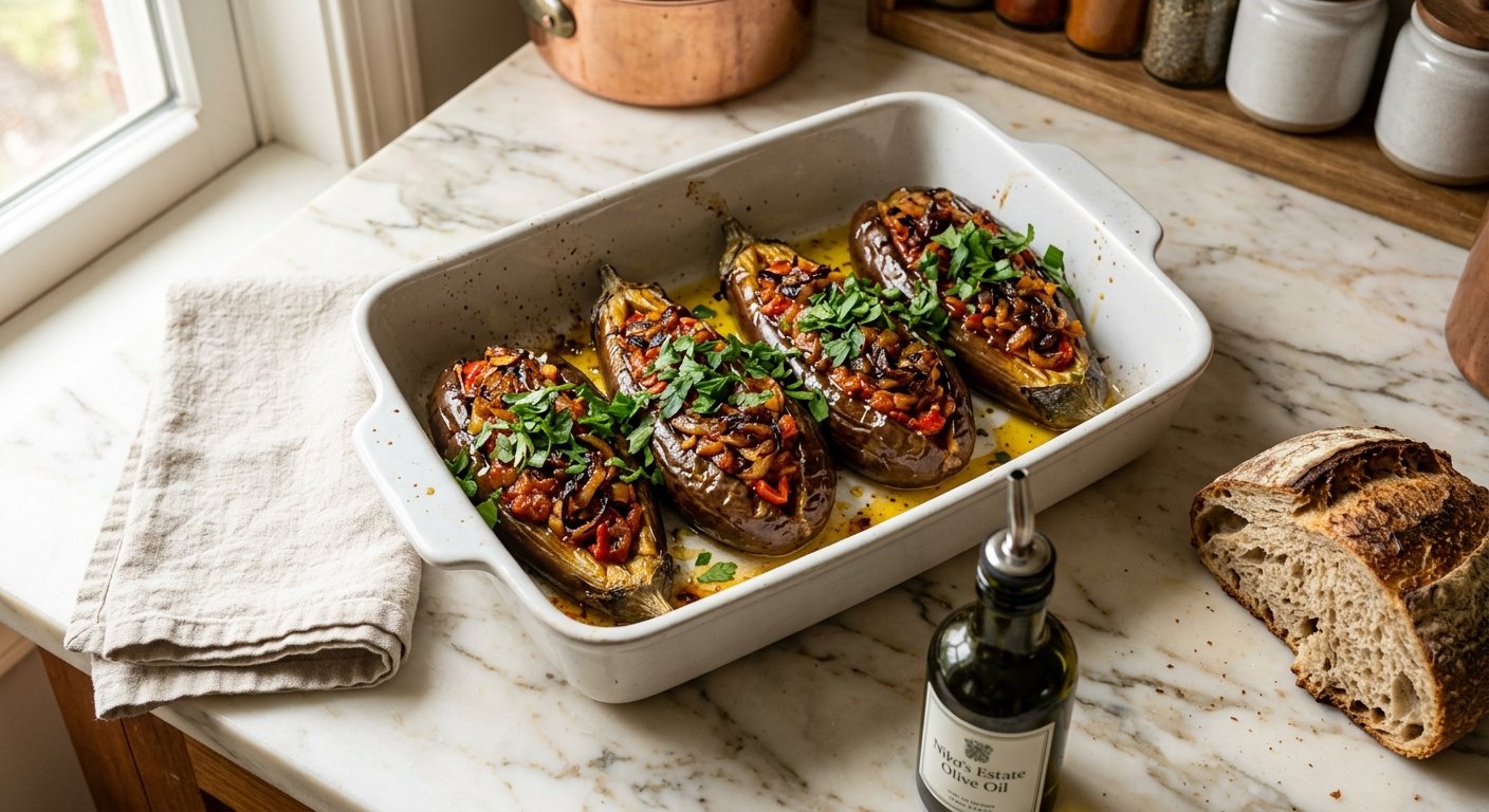 Imam Bayildi: 1 Pan of Greek Braised Stuffed Eggplant That Made an Imam Faint 3 imam bayildi recipe served in a ceramic baking dish with olive oil and parsley