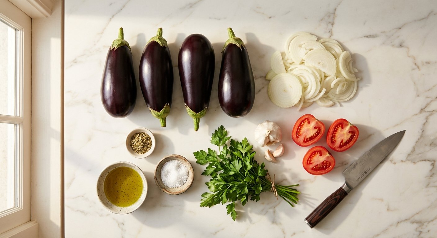 Imam Bayildi: 1 Pan of Greek Braised Stuffed Eggplant That Made an Imam Faint 5 ingredients for imam bayildi recipe arranged on marble - eggplants, onions, tomatoes, garlic, parsley, olive oil