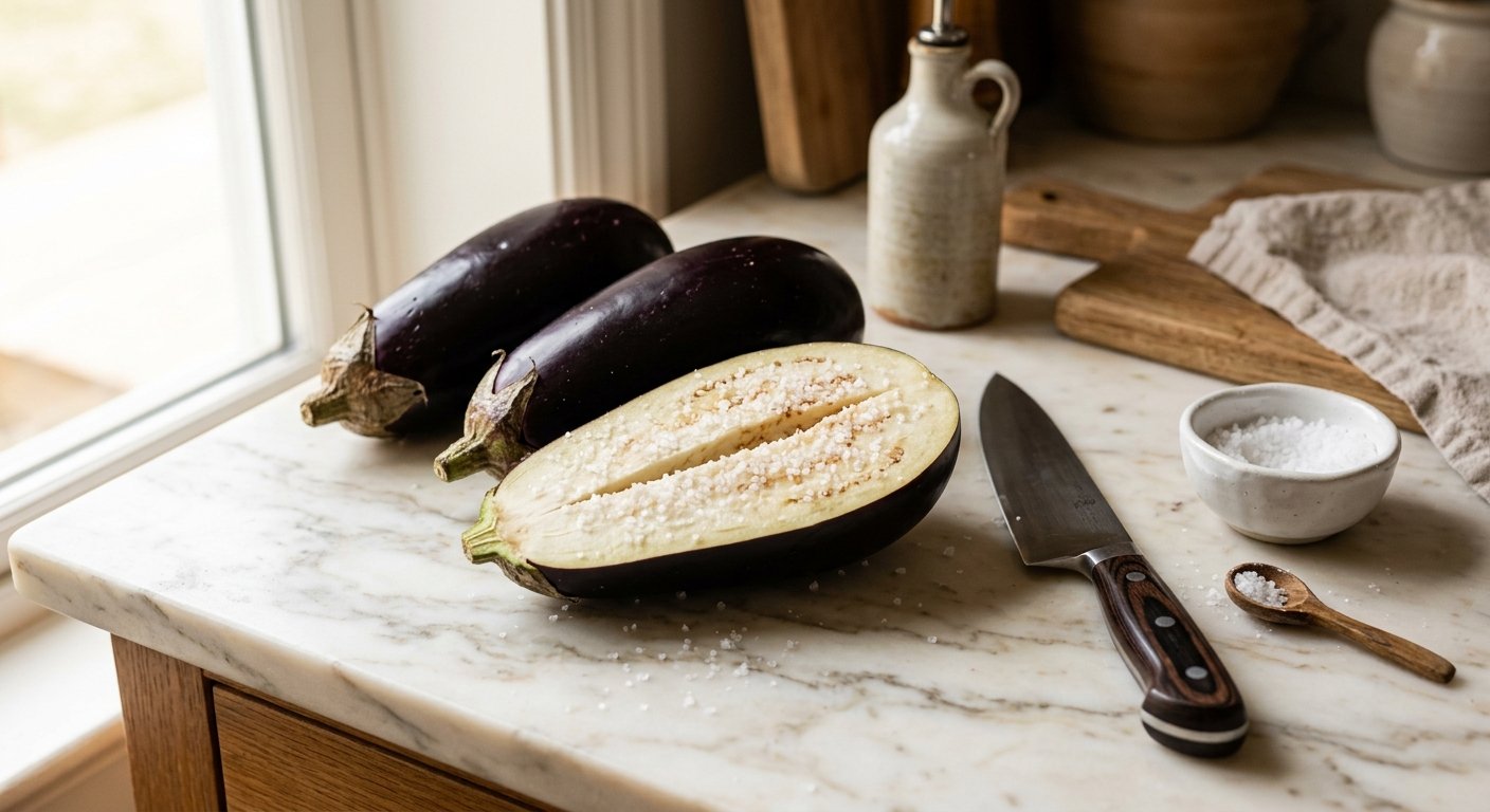 Imam Bayildi: 1 Pan of Greek Braised Stuffed Eggplant That Made an Imam Faint 7 salting eggplant halves for imam bayildi recipe - drawing out moisture before braising