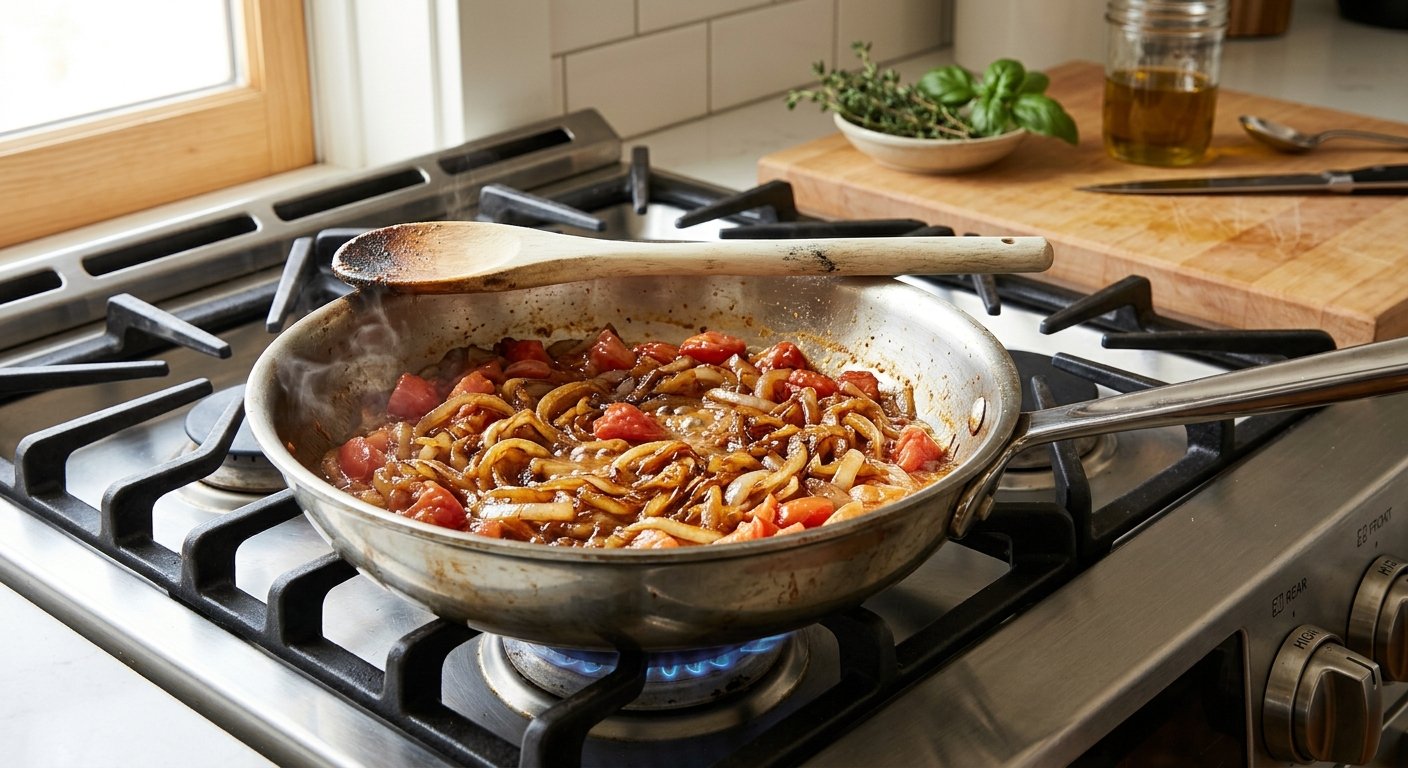 Imam Bayildi: 1 Pan of Greek Braised Stuffed Eggplant That Made an Imam Faint 9 caramelizing onions for imam bayildi recipe - soft, golden, and jammy after 20 minutes