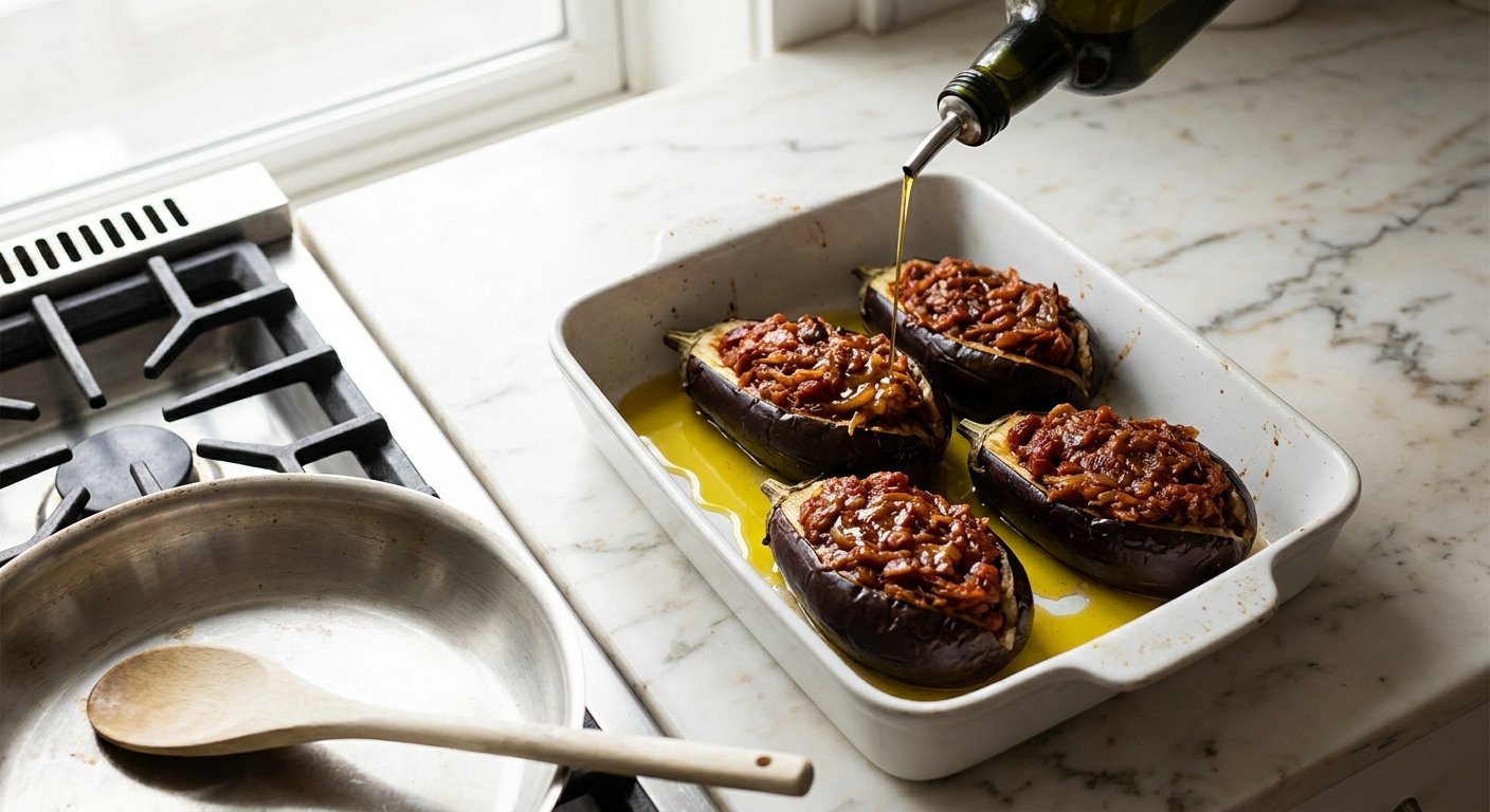 Imam Bayildi: 1 Pan of Greek Braised Stuffed Eggplant That Made an Imam Faint 13 imam bayildi recipe baking in a dish with olive oil - eggplants golden and tender