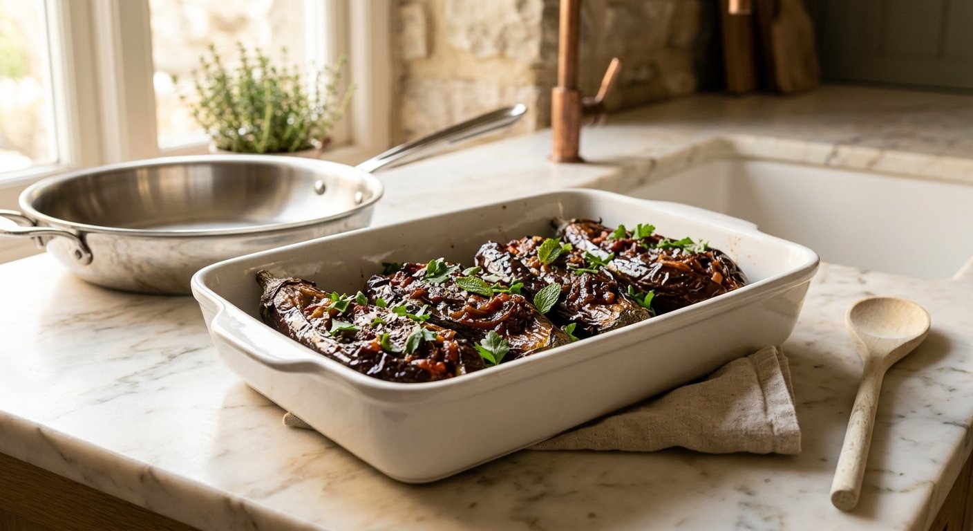 Imam Bayildi: 1 Pan of Greek Braised Stuffed Eggplant That Made an Imam Faint 15 imam bayildi fresh from the oven - caramelized top and concentrated braising liquid